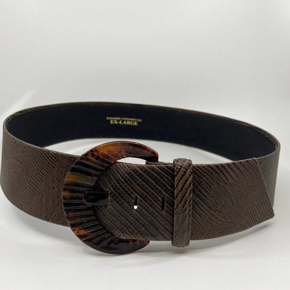 Vintage XL Suzi Roher Brown Embossed Leather Belt with  Faux Tortoise Buckle